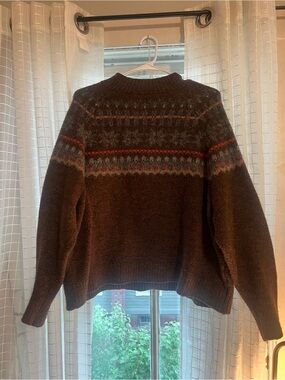 Old Navy Brown Fair Isle Crewneck Sweater with Red and Gray Accents